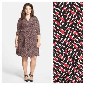 Vince Camuto plus red black white geometric print faux wrap dress 3/4 sleeve